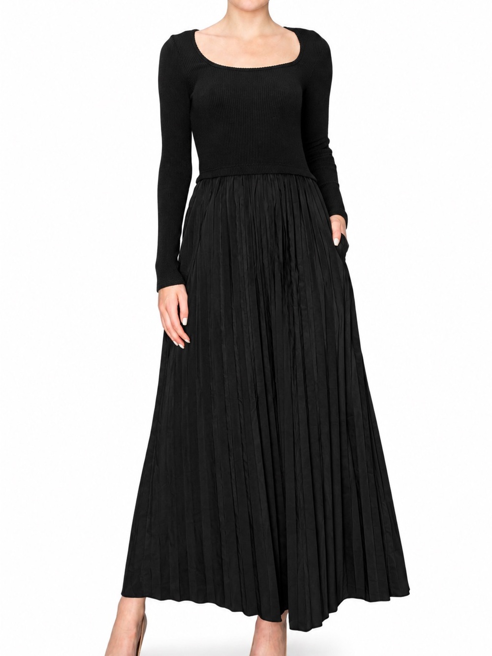 Melloday Mixed Media Long Sleeve Maxi Dress in black size medium